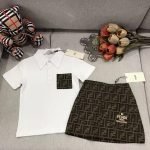fendi polo shirt+embroidered matte denim skirt