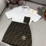 fendi polo shirt+embroidered matte denim skirt